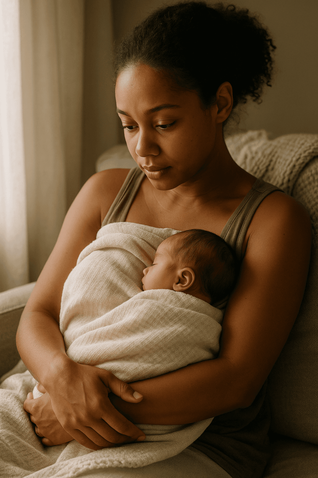 Mother in calm, natural setting holding her newborn
