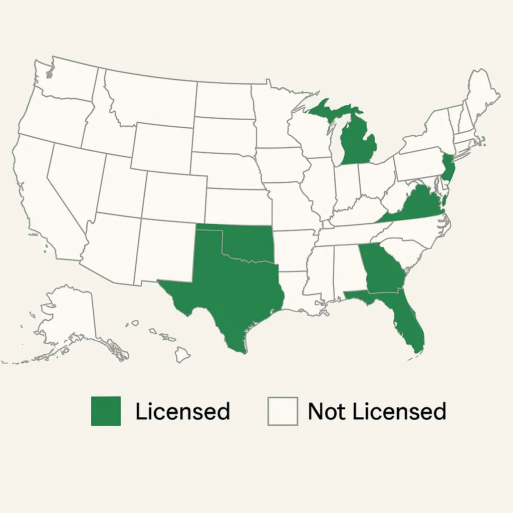 Licensed states map showing Texas, Oklahoma, Louisiana, Georgia, Florida, Virginia, Michigan, and New Jersey
